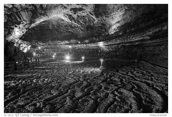 Floor with hardened lava flow in  Manjanggul cave. Jeju Island, South Korea (black and white)