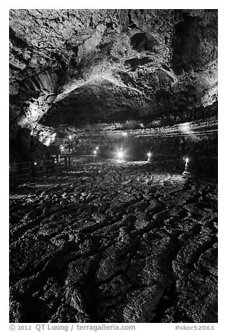 Hardened lava braids on floor of Geomunoreum. Jeju Island, South Korea (black and white)