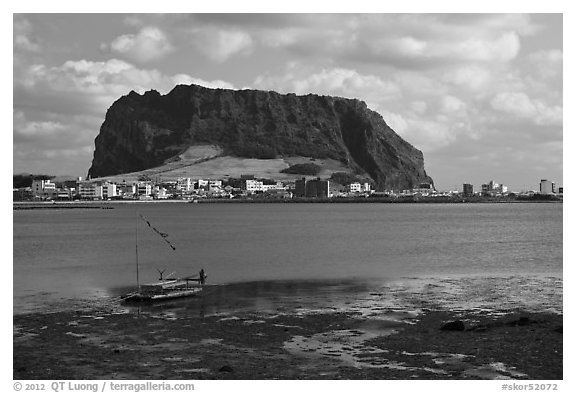 Seongsang-ri and Ilchulbong Seongsang. Jeju Island, South Korea (black and white)