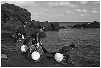 Old Haeneyo women preparing for dive. Jeju Island, South Korea (black and white)