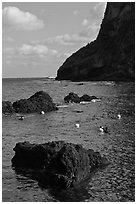 Cove with Haeneyo woman diving. Jeju Island, South Korea ( black and white)