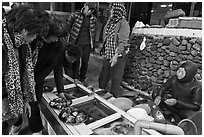 Seafood for sale by Haeneyo women. Jeju Island, South Korea ( black and white)