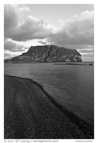 Ilchulbong volcano and beach. Jeju Island, South Korea (black and white)