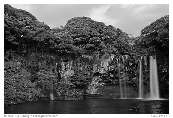 Cliffs, and Cheongjiyeon Pokpo, Seogwipo. Jeju Island, South Korea (black and white)