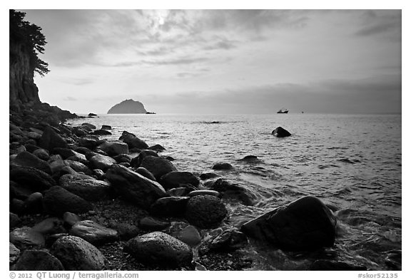 Rocky coastline, Seogwipo. Jeju Island, South Korea (black and white)