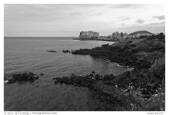 Seashore and Yongduam Rock, Jeju-si. Jeju Island, South Korea (black and white)