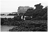 Businessmen on shore near Yongduam Rock, Jeju-si. Jeju Island, South Korea (black and white)