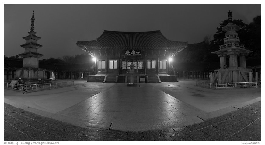 Frontal view of main hall and two pagodas at night, Bulguksa. Gyeongju, South Korea (black and white)