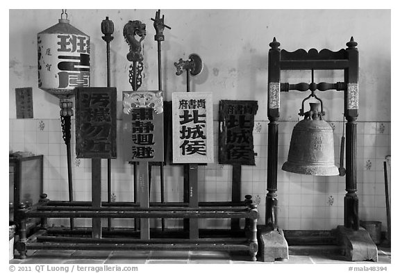 Bell and sicks, Loo Pun Hong temple. George Town, Penang, Malaysia (black and white)