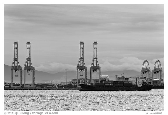 Port and container ship. George Town, Penang, Malaysia (black and white)