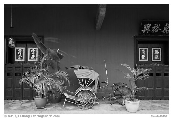 Trishaw and doors, Cheong Fatt Tze Mansion. George Town, Penang, Malaysia (black and white)