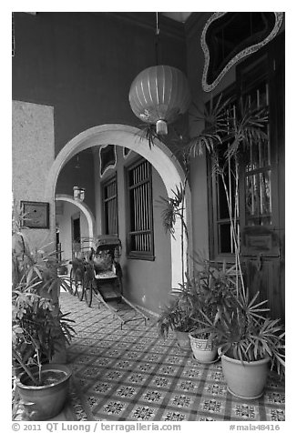 Blue exterior gallery, Cheong Fatt Tze Mansion. George Town, Penang, Malaysia (black and white)