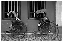 Bicycle rickshaws, Cheong Fatt Tze Mansion. George Town, Penang, Malaysia (black and white)