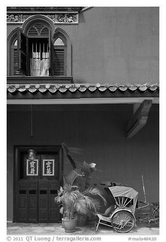 Window, door, and trishaw, Cheong Fatt Tze Mansion. George Town, Penang, Malaysia (black and white)