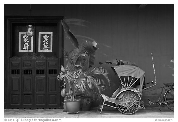 Trishaw, plant and door, Cheong Fatt Tze Mansion. George Town, Penang, Malaysia (black and white)