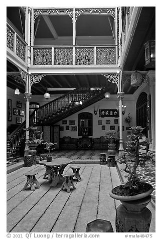Inside courtyard, Pinang Peranakan Mansion. George Town, Penang, Malaysia (black and white)