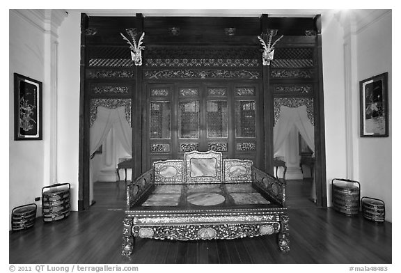 Chinese bed, Pinang Peranakan Mansion. George Town, Penang, Malaysia (black and white)