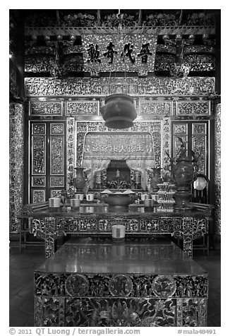 Altar, Dragon Mountain Hall (Khoo Kongsi). George Town, Penang, Malaysia (black and white)