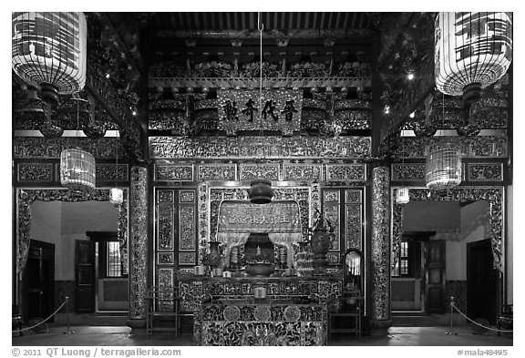 Enormous paper lamps lighting main hall of Khoo Kongsi. George Town, Penang, Malaysia (black and white)