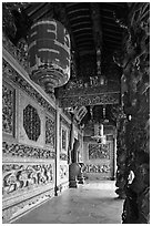 Gallery with paper lamps and stone carvings, Khoo Kongsi. George Town, Penang, Malaysia (black and white)