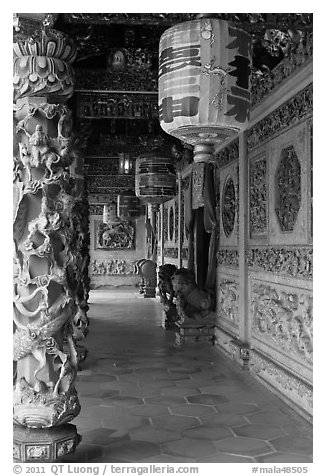 Paper lamps and rich carvings, Khoo Kongsi. George Town, Penang, Malaysia (black and white)