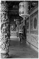 Paper lamps and rich carvings, Khoo Kongsi. George Town, Penang, Malaysia (black and white)