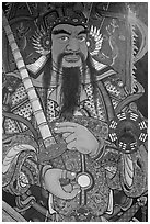 Guardian painting on door, Hock Tik Cheng Sin Temple. George Town, Penang, Malaysia (black and white)