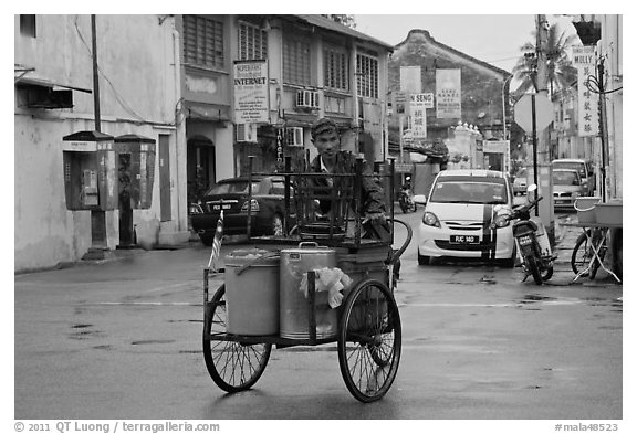 Food vending trishaw on Love Lane. George Town, Penang, Malaysia (black and white)