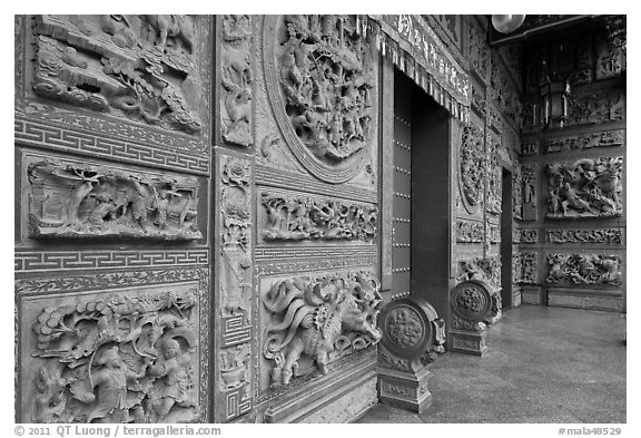 Carved stone walls, Hainan Temple. George Town, Penang, Malaysia (black and white)