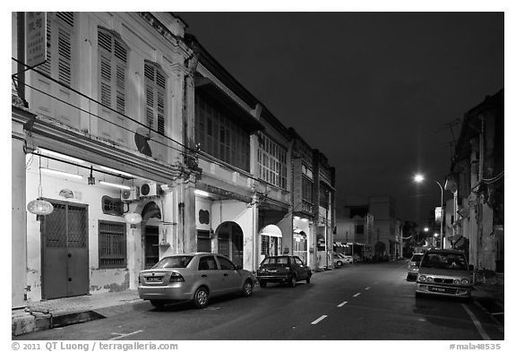 Chinatown street at night. George Town, Penang, Malaysia (black and white)