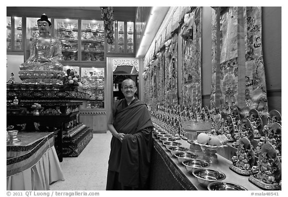Abbot in Gelugpa Buddhist Association temple. George Town, Penang, Malaysia (black and white)