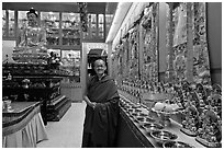 Abbot in Gelugpa Buddhist Association temple. George Town, Penang, Malaysia ( black and white)