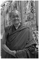 Yellow Hat Buddhist Abbot. George Town, Penang, Malaysia ( black and white)