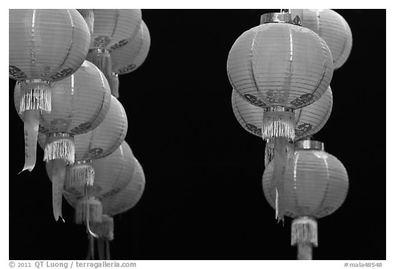 Red lanterns by night, Gelugpa Buddhist Association temple. George Town, Penang, Malaysia