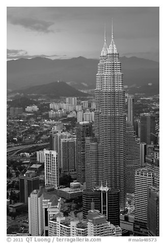 Petronas Towers seen from Menara KL. Kuala Lumpur, Malaysia (black and white)