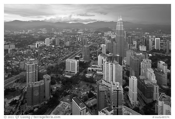 Elevated cityscape view with Petronas Towers. Kuala Lumpur, Malaysia (black and white)