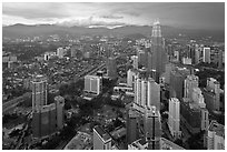 Elevated cityscape view with Petronas Towers. Kuala Lumpur, Malaysia (black and white)