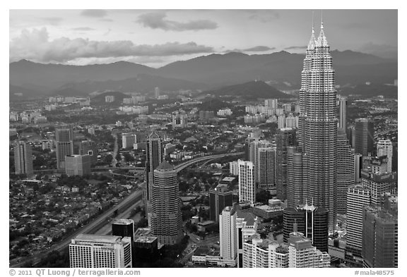 Skyline with Petronas Towers seen from Menara KL. Kuala Lumpur, Malaysia (black and white)
