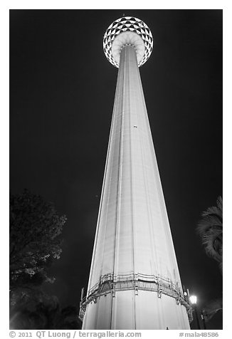 Menara KL at night seen from base. Kuala Lumpur, Malaysia (black and white)