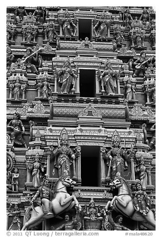 Sculptures on South Indian Hindu temple. Kuala Lumpur, Malaysia (black and white)