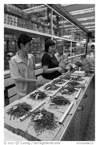 Chinese medicine herbs being packed on counter. Kuala Lumpur, Malaysia