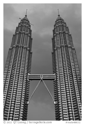 Twin Petronas Towers and Skybridge. Kuala Lumpur, Malaysia (black and white)