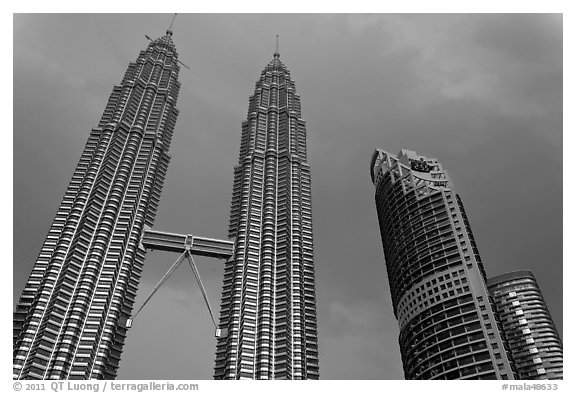 Petronas Towers under a dark sky. Kuala Lumpur, Malaysia (black and white)