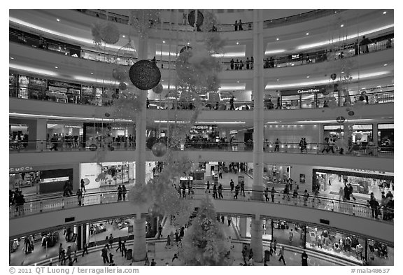 Shopping mall with Christmas decor, Suria KLCC. Kuala Lumpur, Malaysia (black and white)