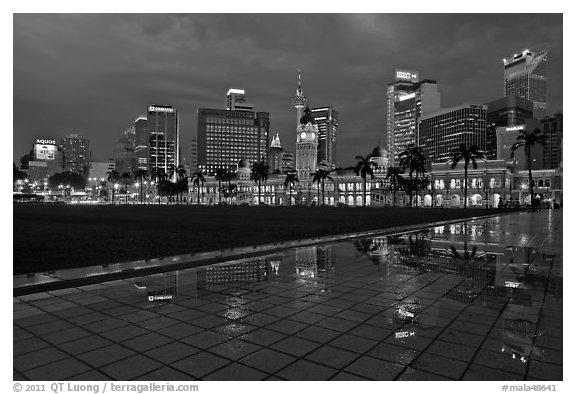 Merdeka Square reflecting Kuala Lumpur Skyline at night. Kuala Lumpur, Malaysia (black and white)