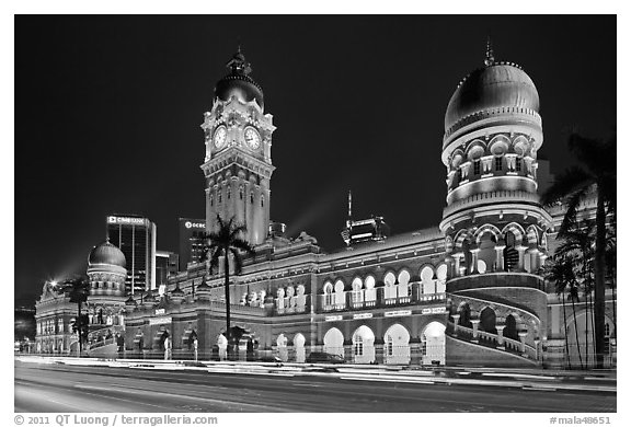 Sultan Abdul Samad Building illuminated at night. Kuala Lumpur, Malaysia (black and white)