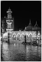 Masjid Jamek and reflections at night. Kuala Lumpur, Malaysia (black and white)