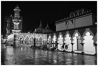 Masjid Jamek mosque at night. Kuala Lumpur, Malaysia (black and white)