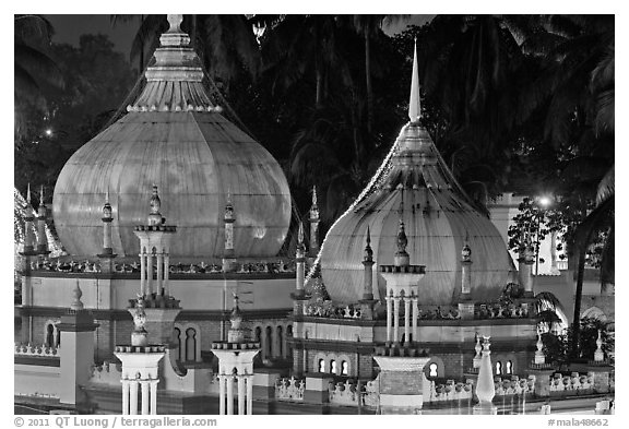 Onion domes of Masjid Jamek, night. Kuala Lumpur, Malaysia (black and white)