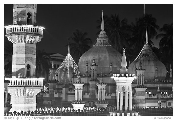 Minarets and domes at night Masjid Jamek. Kuala Lumpur, Malaysia (black and white)